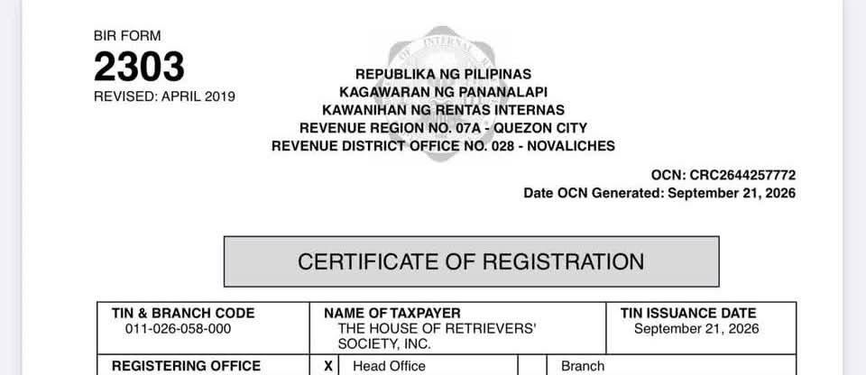 The top of the society’s BIR Certificate of Registration, dated September 21, 2026
