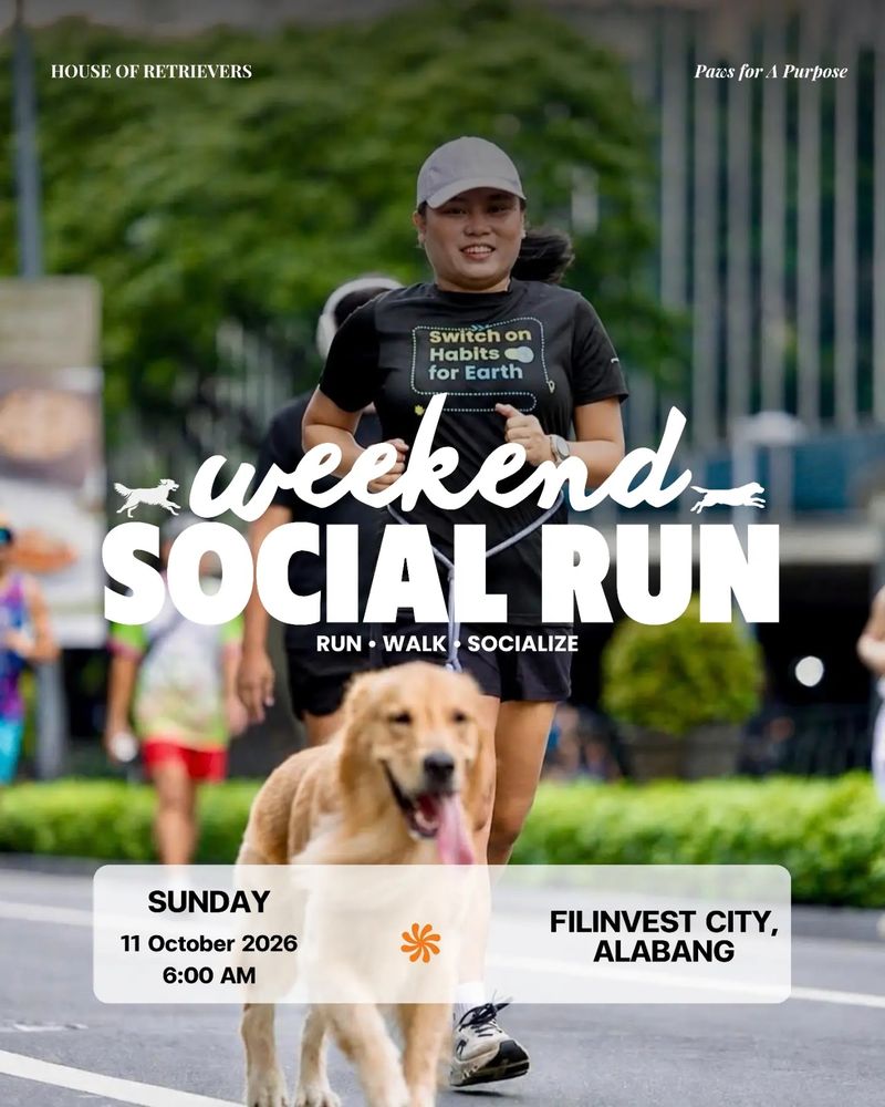Weekend Social Run poster: run, walk, socialize. Sunday, 11 October 2026, 6:00 AM, Filinvest City, Alabang